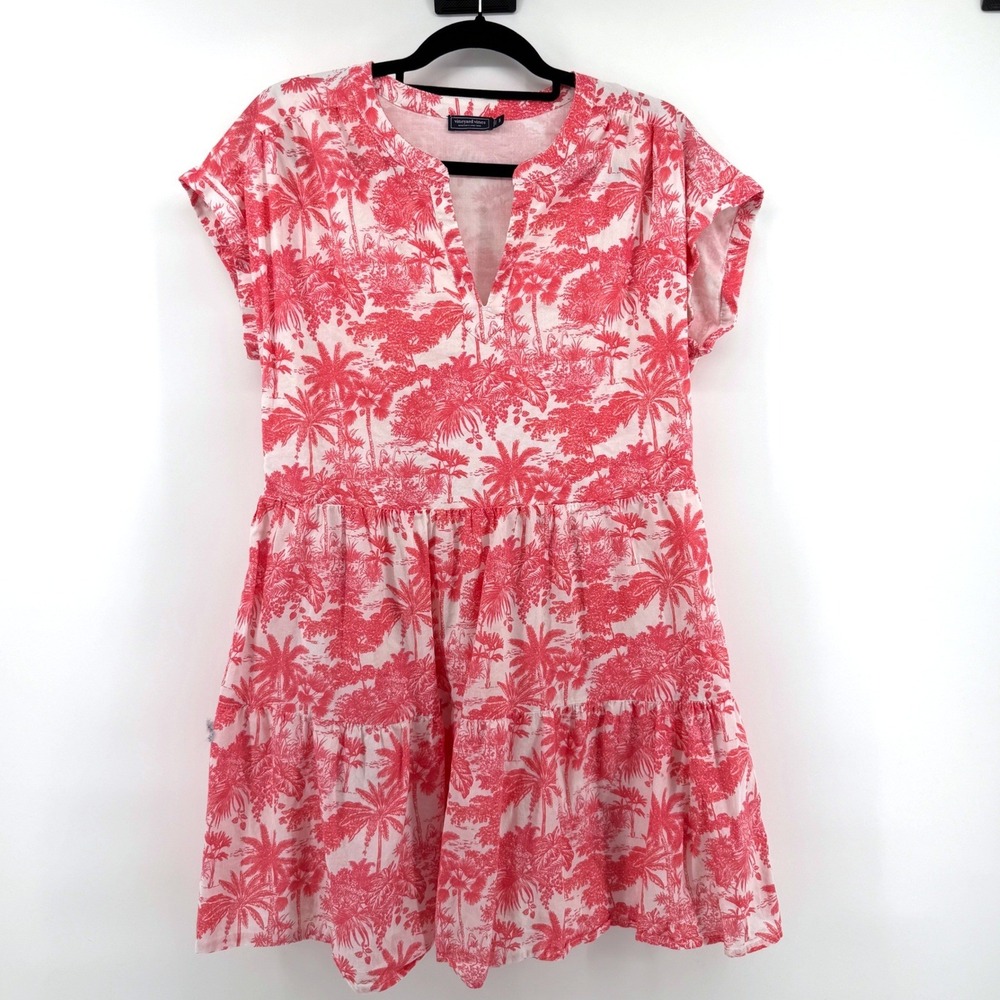 Vineyard Vines Dress Palm Tree Toile Tiered S Pink Womens Summer Mini Dress